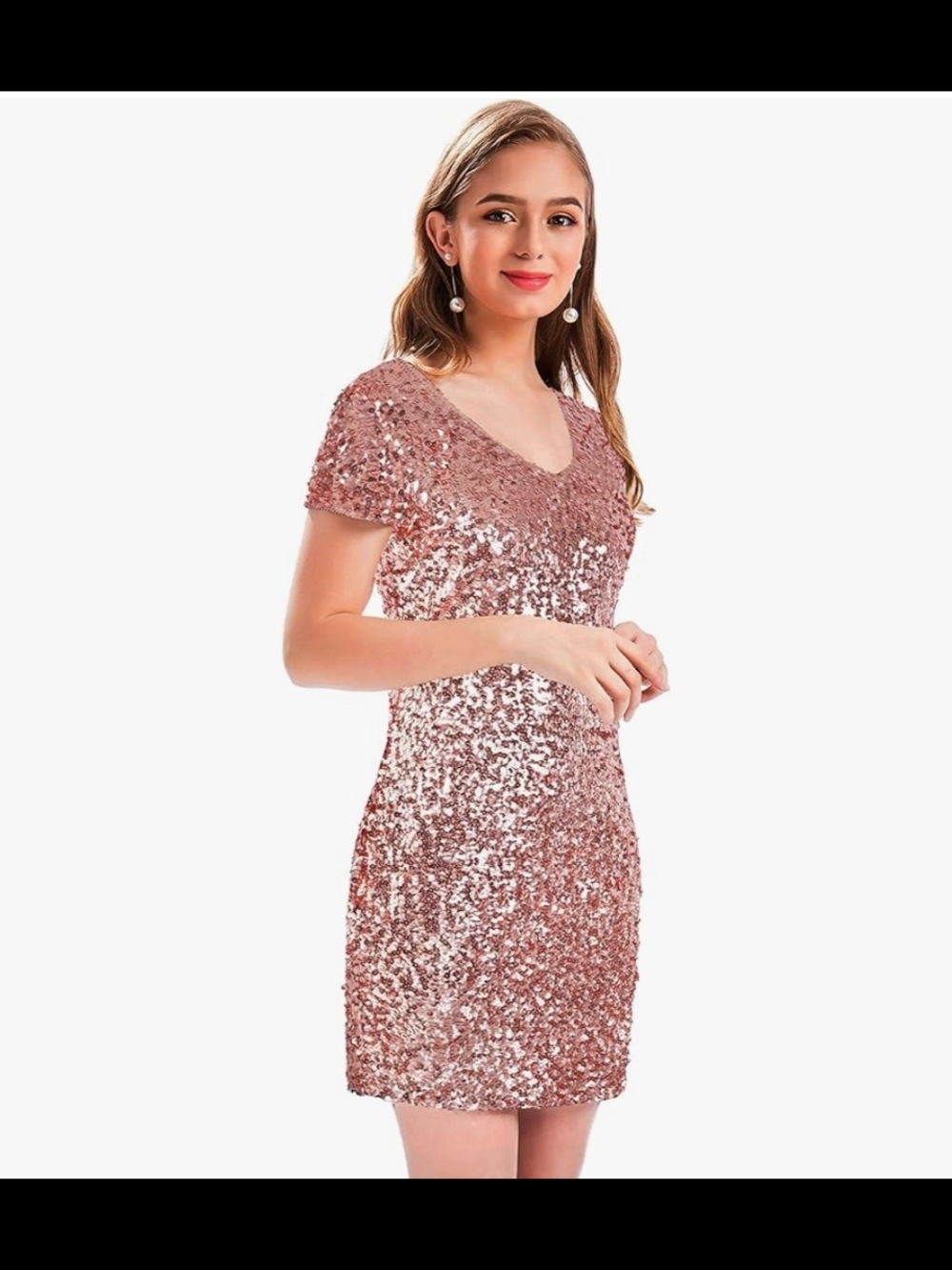 BNWT ATTACHED Sequin V-Neck Short Sleeve Dress - Rose Gold